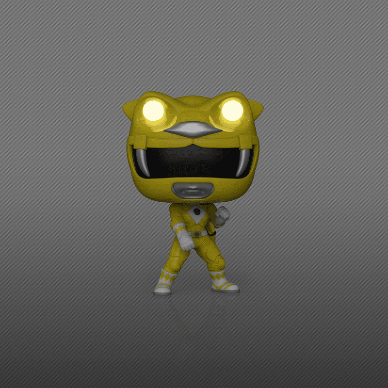 Yellow superhero figure with glowing eyes on a dark background