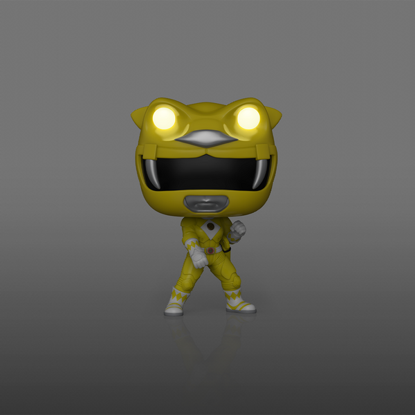 Yellow superhero figure with glowing eyes on a dark background