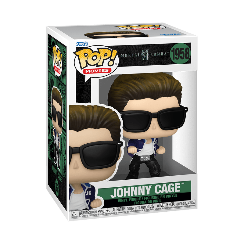 Funko Pop! vinyl figure packaging of Johnny Cage from Mortal Kombat with sunglasses.