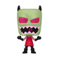 Toy figure with green head, pink eyes, and red outfit on a white background