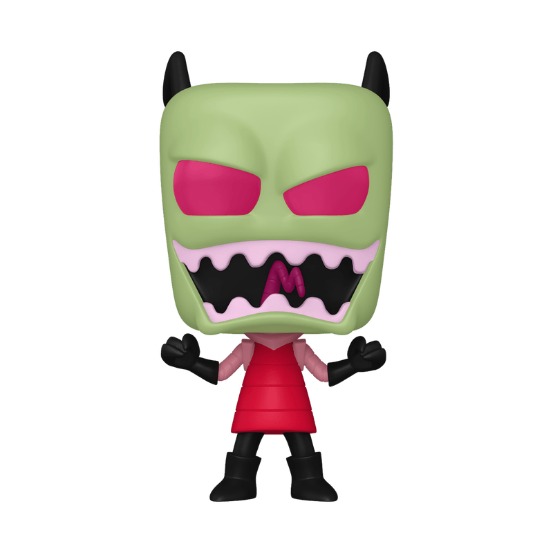 Toy figure with green head, pink eyes, and red outfit on a white background