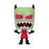 Toy figure with green head, pink eyes, and red outfit on a white background