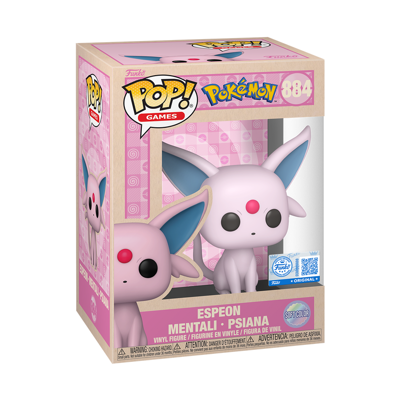 Funko POP! Pokémon Espeon #884 collectible vinyl figure with Espeon's iconic lavender design and large ears, displayed in its branded packaging.