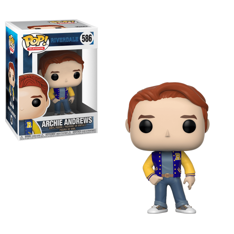 Funko Pop! Television Archie Andrews figure number 586 from Riverdale, shown next to its original window box packaging on a solid white background.