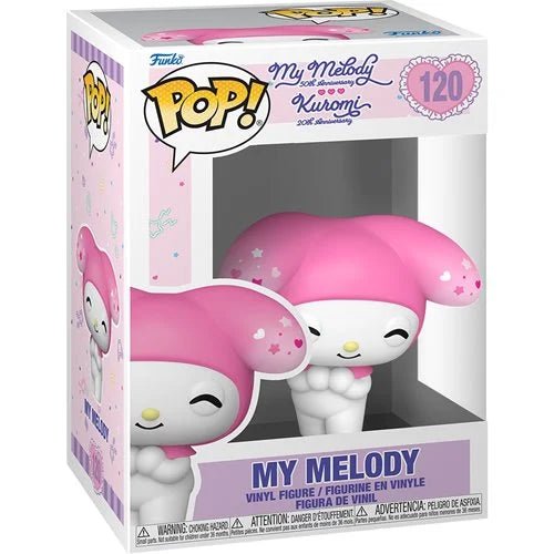 Funko Pop! vinyl figure packaging of My Melody with pink hair and white body, in a box.