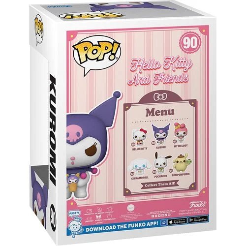 Funko Pop! Hello Kitty and Friends Kuromi blind box, featuring a white and pink box with Kuromi illustrated on the front, a 'Menu' display showing included characters, and the Funko Pop! logo.