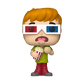 Figurine of a character wearing 3D glasses and holding popcorn, on a white background