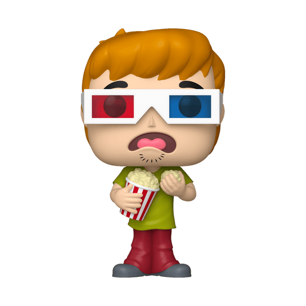Figurine of a character wearing 3D glasses and holding popcorn, on a white background