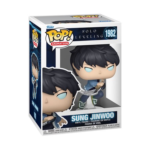 Funko POP! Solo Leveling Sung Jinwoo #1982 anime collectible vinyl figure displayed in the official window box with detailed character styling.
