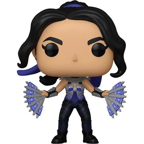 Funko Pop! vinyl figure of a character with black hair and blue accents, holding weapons on a white background.