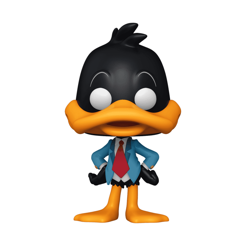 Funko Pop! vinyl figure of Daffy Duck dressed in a blue suit with a red tie, standing against a plain white background.