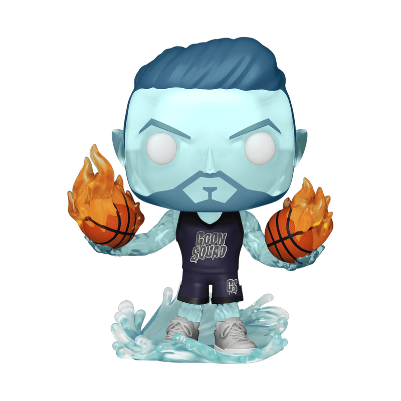 A Funko Pop! vinyl figure of a basketball player with icy blue skin and hair, wearing a dark navy jersey that reads 'COLD SQUAD'. He holds flaming basketballs in both hands and stands on a splash of water, isolated on a white background.