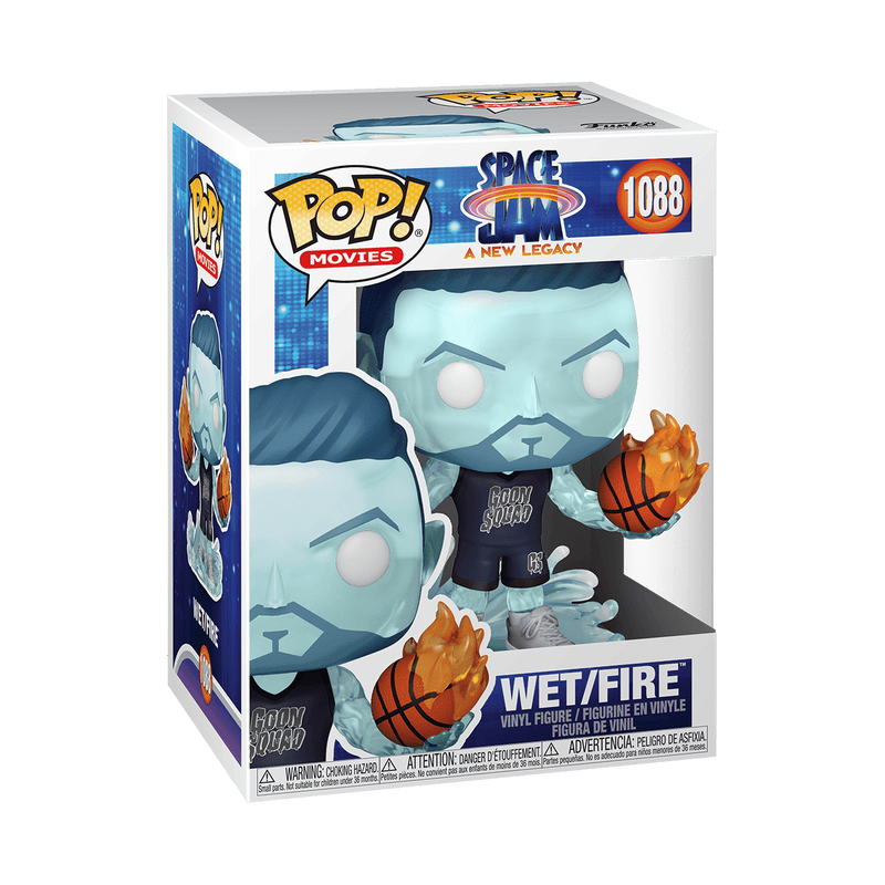 Funko Pop! Movies Space Jam 1088 Wet/Fire vinyl figure in its original window box packaging, featuring a light blue ice-like version of Fire from Space Jam holding a basketball.