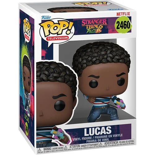 Funko Pop! vinyl figure packaging for Lucas from Stranger Things with Netflix branding.