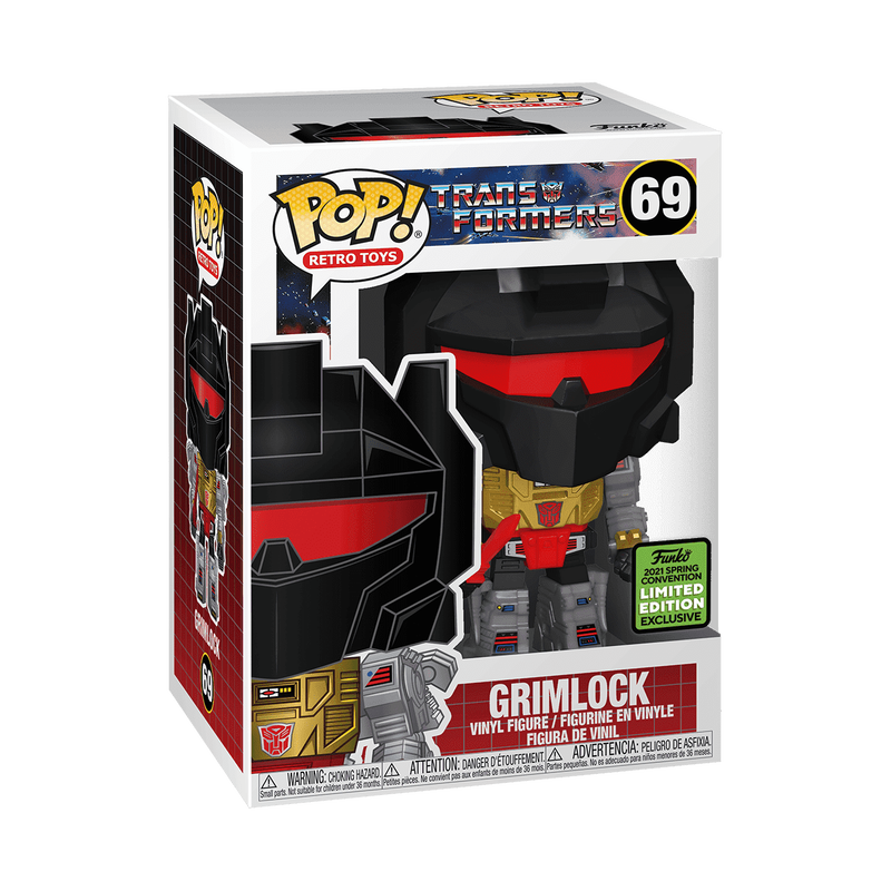 Funko Pop! Retro Toys Grimlock vinyl figure in its original box packaging, featuring the character with a black and red body and gold accents, with the number 69 on the box.