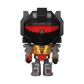 A stylized, chibi-like robot figure centered on a plain white background. The figure has a large black helmet-like head with a bright red visor, gray arms and legs, and a gold chest panel with red accents.