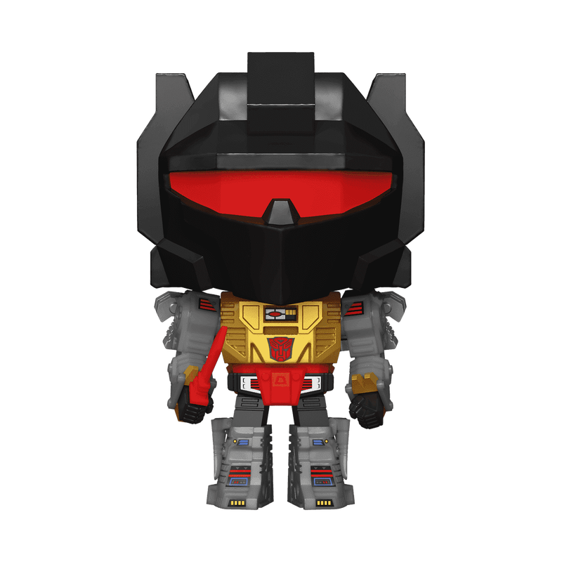 A stylized, chibi-like robot figure centered on a plain white background. The figure has a large black helmet-like head with a bright red visor, gray arms and legs, and a gold chest panel with red accents.
