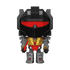 A stylized, chibi-like robot figure centered on a plain white background. The figure has a large black helmet-like head with a bright red visor, gray arms and legs, and a gold chest panel with red accents.