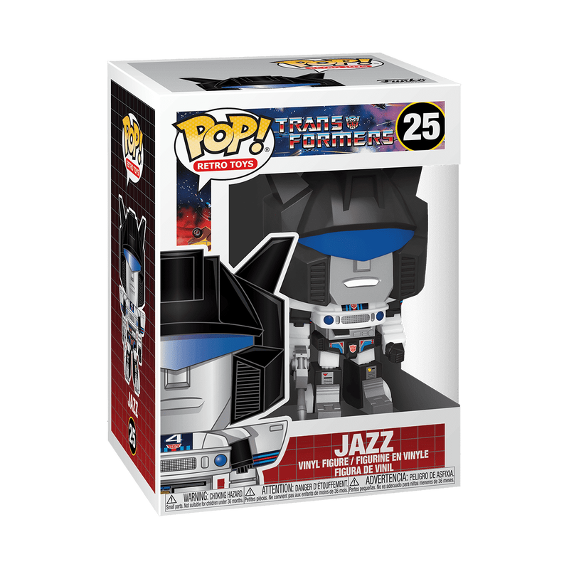 Funko Pop! Retro Toys Transformers: The Last Frontier Jazz vinyl figure in its original window box packaging, featuring a white and blue robot design.