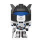 A stylized, chibi-pop collectible figure of Optimus Prime from Transformers, featuring a white and black body with a blue visor and small red accents, set against a plain white background.