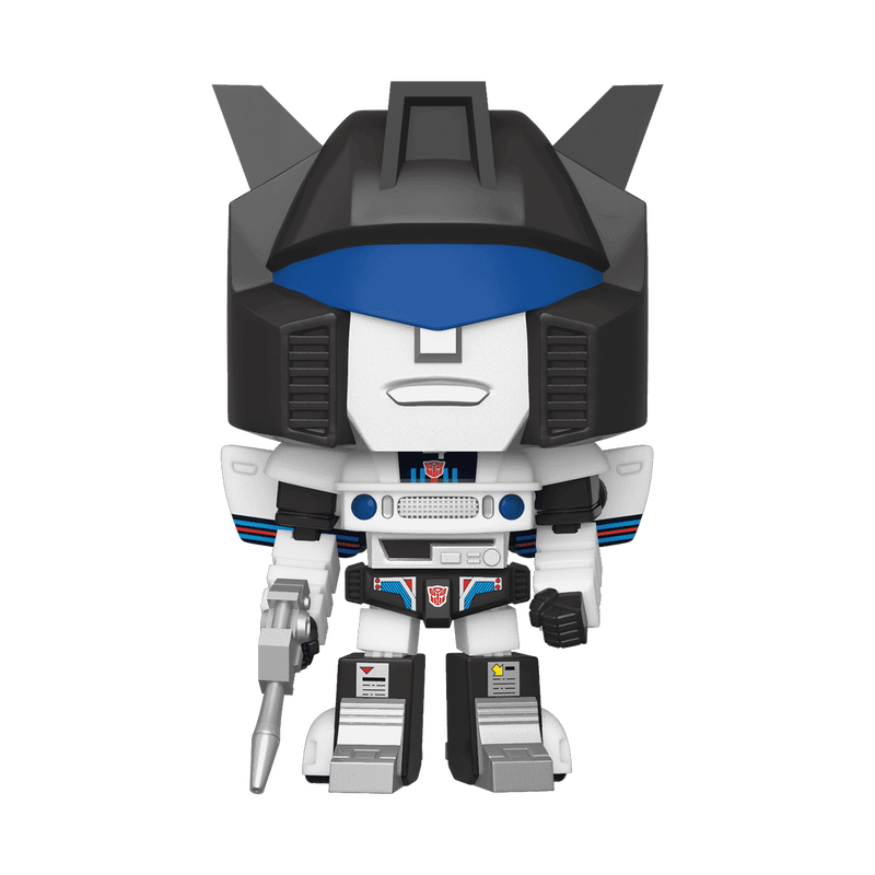 A stylized, chibi-pop collectible figure of Optimus Prime from Transformers, featuring a white and black body with a blue visor and small red accents, set against a plain white background.