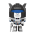 A stylized, chibi-pop collectible figure of Optimus Prime from Transformers, featuring a white and black body with a blue visor and small red accents, set against a plain white background.