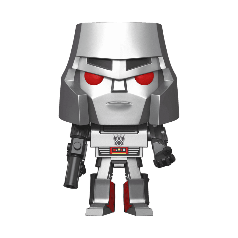 Transformers robot toy figure with silver head and red eyes on a white background
