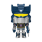 A stylized, chibi-like robot figure resembling Optimus Prime, centered on a plain white background. The figure is primarily dark blue and silver-gray with a bright yellow visor and a purple Decepticon insignia on the chest.