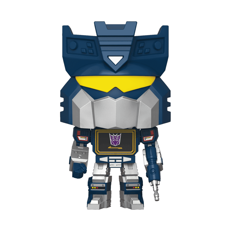 A stylized, chibi-like robot figure resembling Optimus Prime, centered on a plain white background. The figure is primarily dark blue and silver-gray with a bright yellow visor and a purple Decepticon insignia on the chest.
