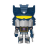 A stylized, chibi-like robot figure resembling Optimus Prime, centered on a plain white background. The figure is primarily dark blue and silver-gray with a bright yellow visor and a purple Decepticon insignia on the chest.