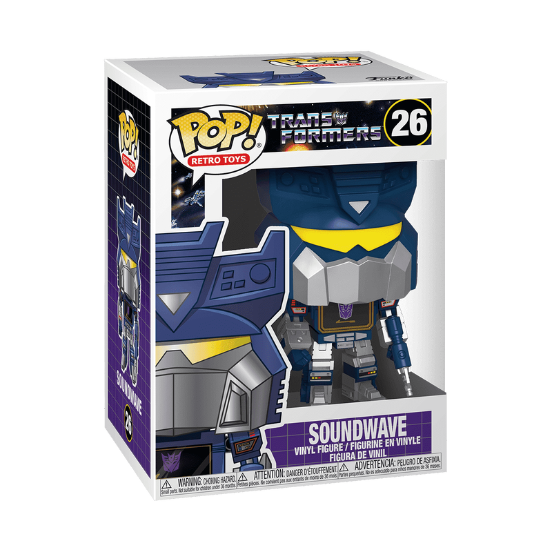 Funko Pop! Retro Toys Transformers: The Animated Series Soundwave vinyl figure number 26, shown in its original window box packaging against a white background.