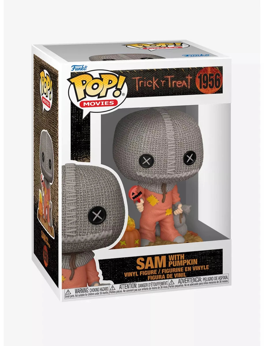 Funko Pop! Movies 'Trick or Treat 1956' vinyl figure of Sam with Pumpkin, shown in its original window box packaging.