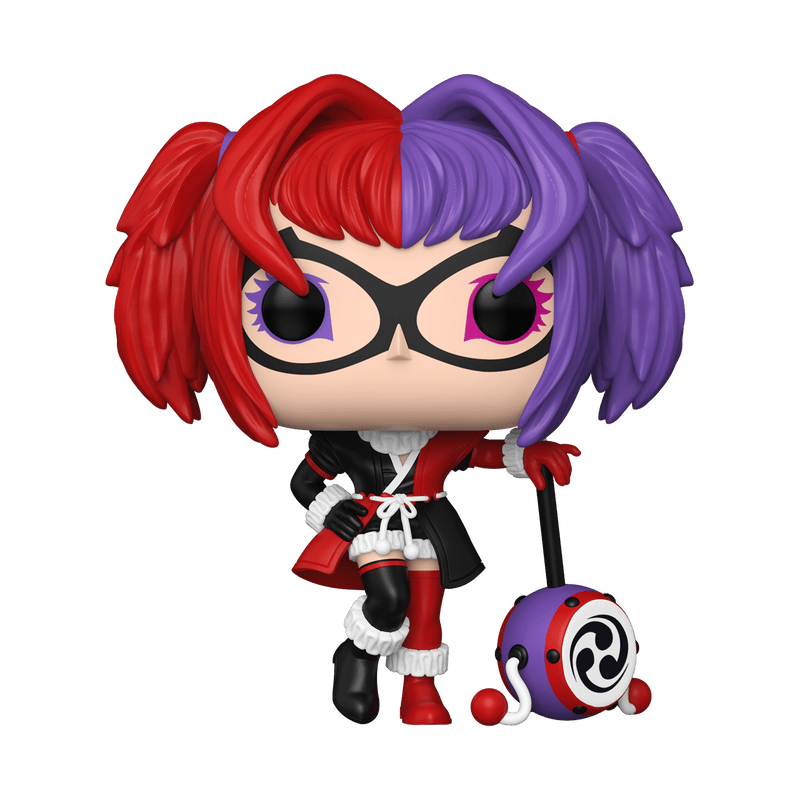 Figurine with red and purple hair, glasses, and a unique outfit on a white background