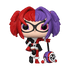 Figurine with red and purple hair, glasses, and a unique outfit on a white background