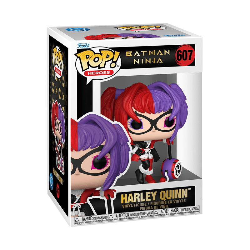 Funko Pop! Heroes packaging featuring Harley Quinn, with visible branding and product number.