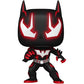Black and red superhero figure with glowing eyes on a white background