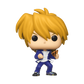 A stylized vinyl figure of a blonde anime character with large black eyes, wearing a blue jacket and pants over a white shirt, holding a small brown object, on a plain white background.
