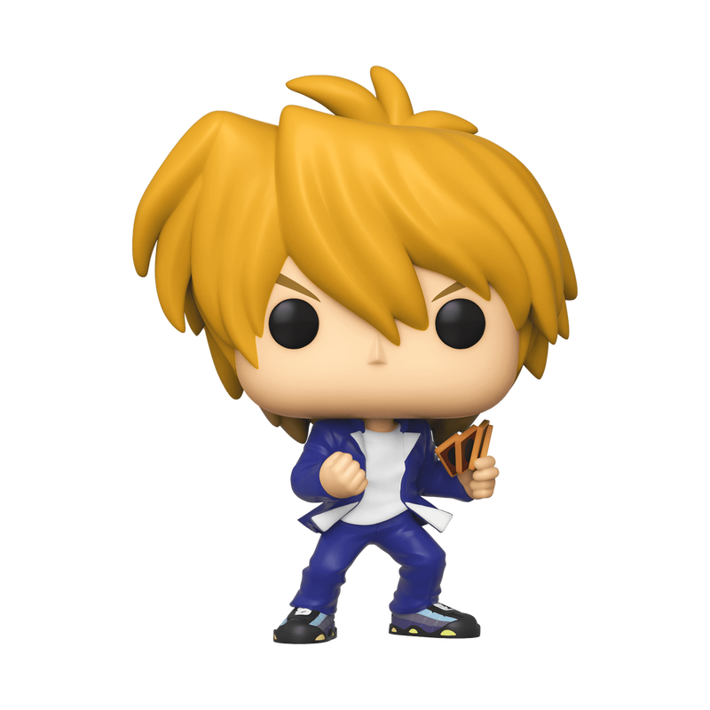A stylized vinyl figure of a blonde anime character with large black eyes, wearing a blue jacket and pants over a white shirt, holding a small brown object, on a plain white background.