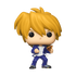 A stylized vinyl figure of a blonde anime character with large black eyes, wearing a blue jacket and pants over a white shirt, holding a small brown object, on a plain white background.