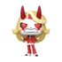 Animated character with red horns, blonde hair, and a red outfit on a green background