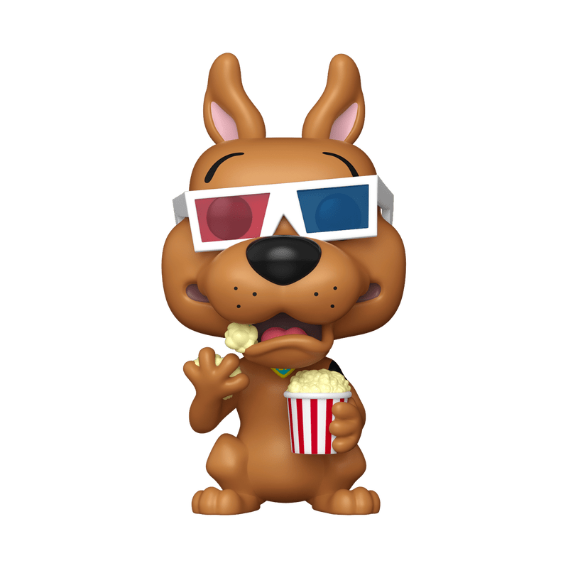 Scooby-Doo figurine with 3D glasses and popcorn on a white background