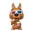 Scooby-Doo figurine with 3D glasses and popcorn on a white background
