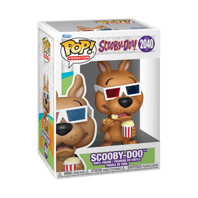 Funko Pop! packaging of Scooby-Doo with sunglasses and popcorn, on a white background
