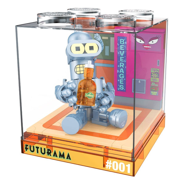 Toy robot holding a bottle in a clear display case with 'Futurama' branding.
