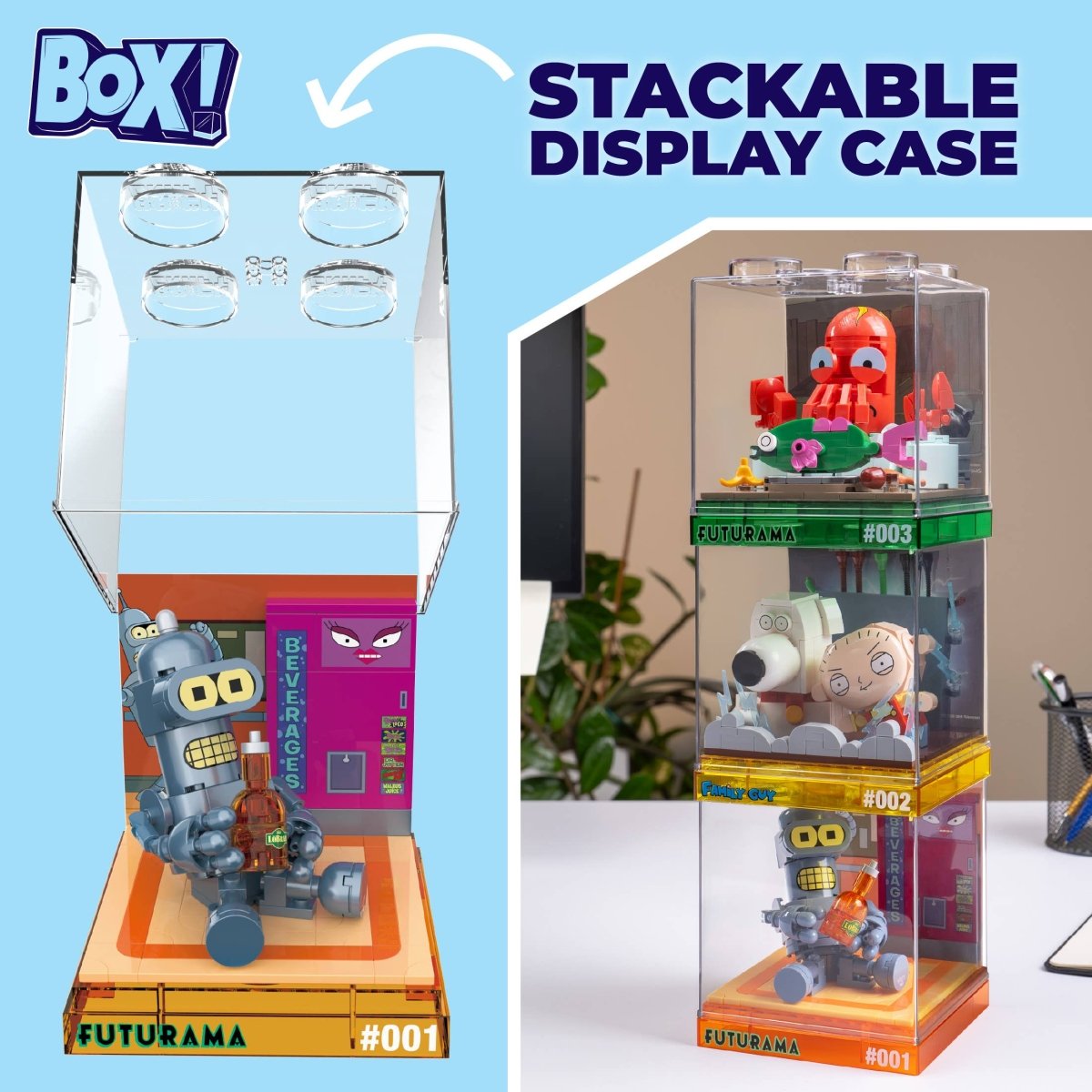 Stackable display case for toys with 'Futurama' branding on a light blue background