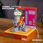 Toy robot holding a bottle with a scenic backdrop featuring a vending machine and 'Futurama' branding.