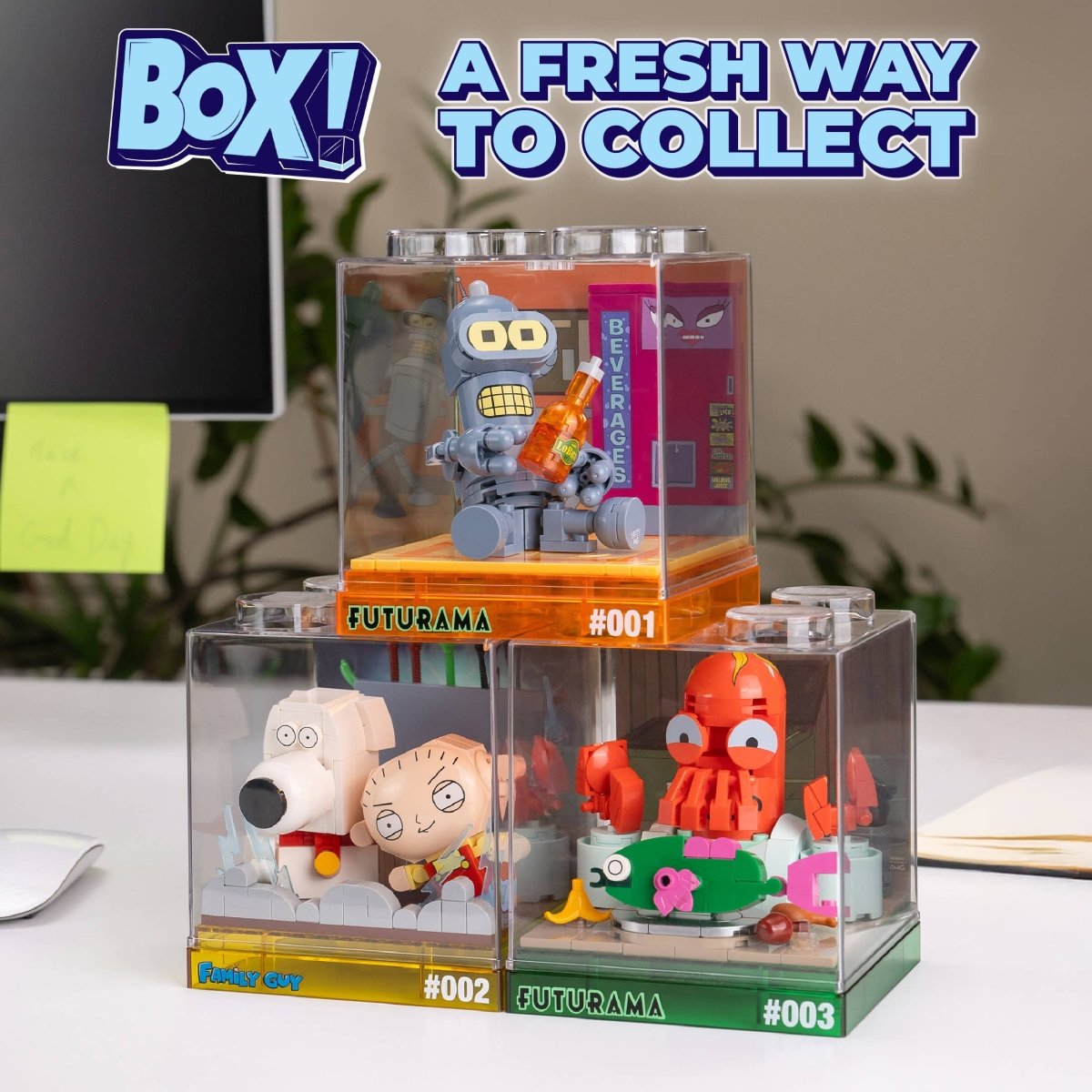 Futurama-themed collectible figures in clear display boxes with 'Box!' branding.