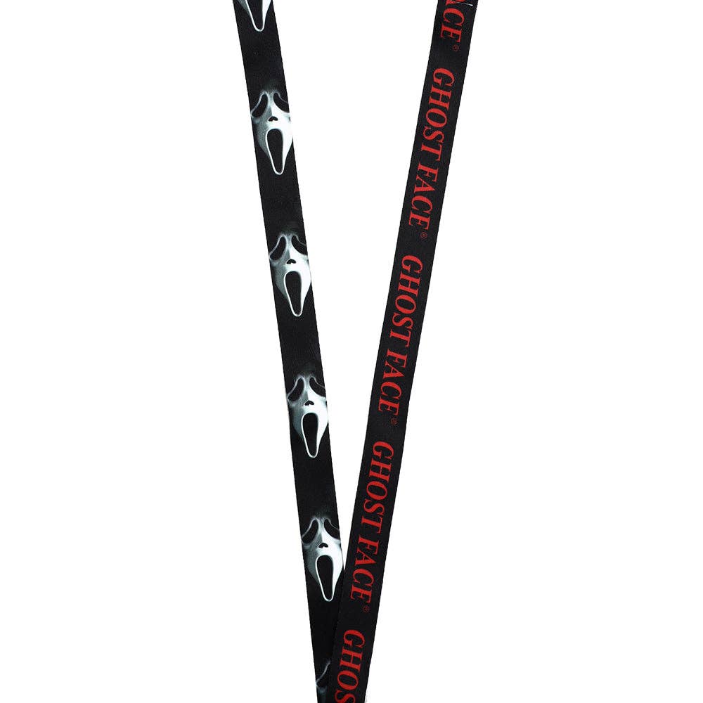 Two black lanyards with Ghost Face themed designs, one featuring a white Ghost Face logo and the other featuring red 'GHOST FACE' text, set against a plain white background.