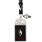 A Ghost Face themed lanyard and ID badge holder set, featuring a black strap with a white Ghost Face mask print, a silver clasp, a clear plastic badge sleeve, and a small black-and-white Ghost Face charm. The sleeve is printed with a large Ghost Face mask and the text 'GHOST FACE' in red at the bottom.