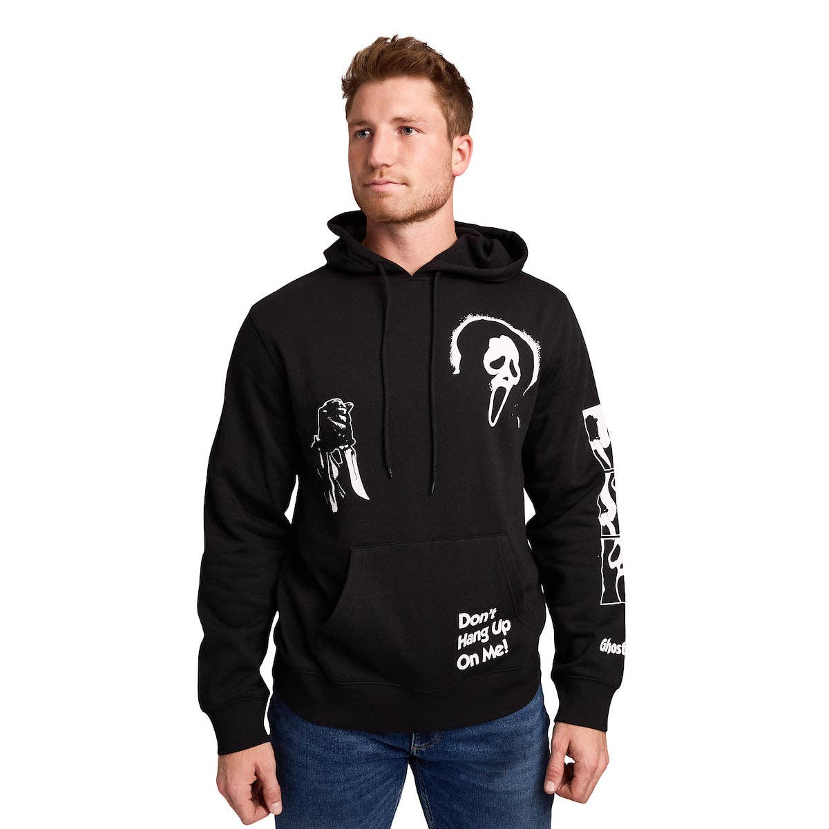 Man wearing a black hoodie with white graphics and text on a white background